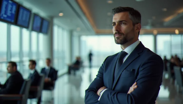 Dirigeant d'entreprise dans un salon business d'aéroport international, illustrant la gestion stratégique du business prix avion pour les professionnels
