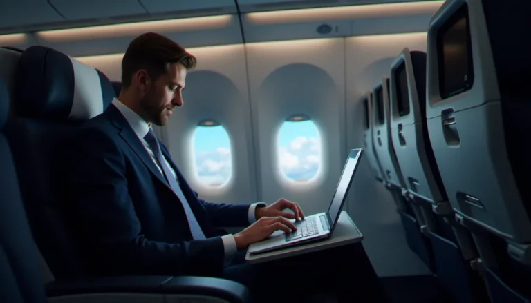 Cadre d'entreprise en classe business d'avion consultant des documents, illustrant les enjeux du business prix avion pour les déplacements professionnels