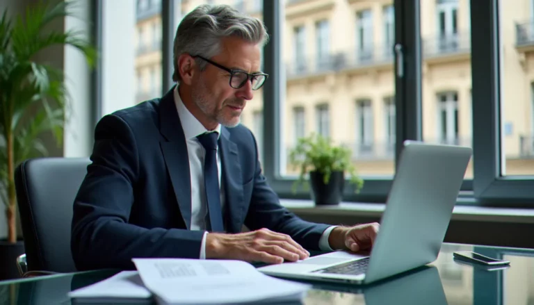 Consultant corporate analysant des documents de stratégie RH cadres dans un bureau parisien moderne, illustrant l'approche corporate APEC pour les dirigeants d'entreprise