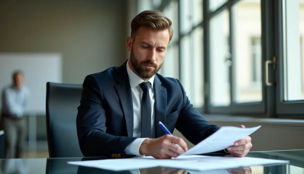 corporate bio featured Professionnel en costume sombre travaillant sur une corporate bio dans un bureau moderne parisien baigné de lumière naturelle