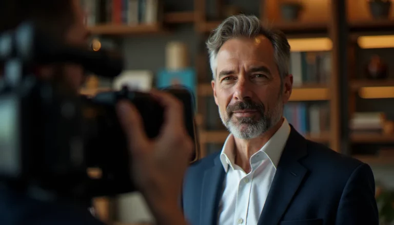 Tournage d'un corporate biopic dans un bureau parisien moderne, avec un fondateur d'entreprise face caméra et une équipe de production professionnelle