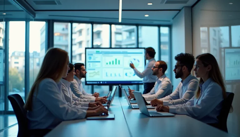 Équipe corporate biotech réunie dans une salle de réunion moderne pour une session de stratégie d'entreprise
