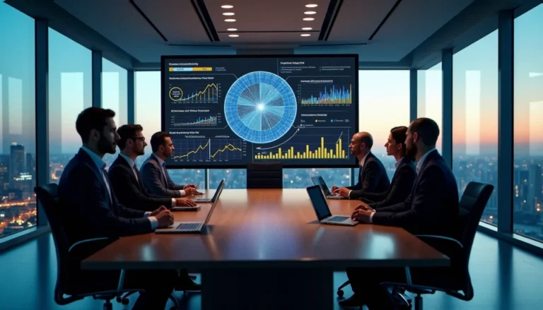 Salle de conseil d'administration moderne avec des visualisations de données en corporate biotechnology projetées sur grand écran, illustrant la prise de décision stratégique dans le secteur biotech