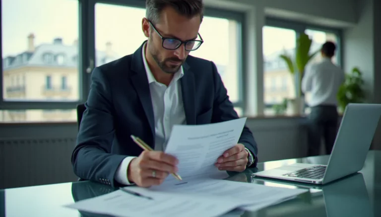 Consultant en stratégie corporate examinant un document de corporate guidelines dans un bureau parisien moderne avec vue sur la ville