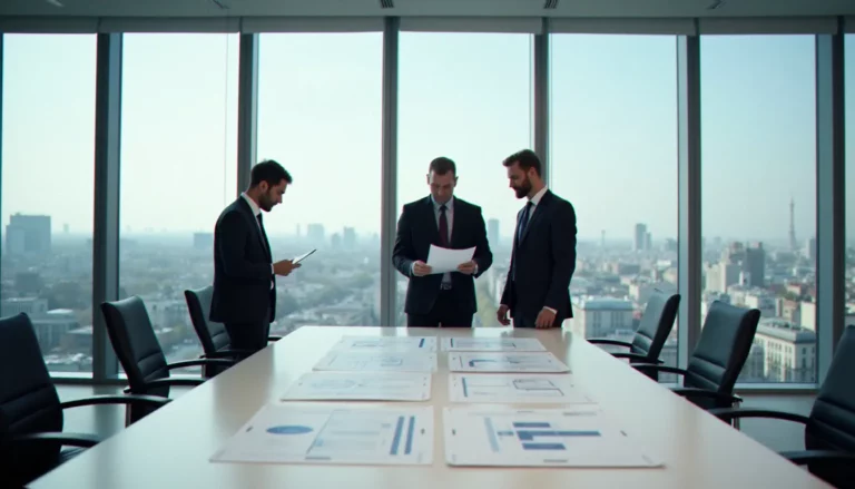 Salle de réunion moderne avec des dirigeants discutant d'une stratégie corporate autour d'une table de direction