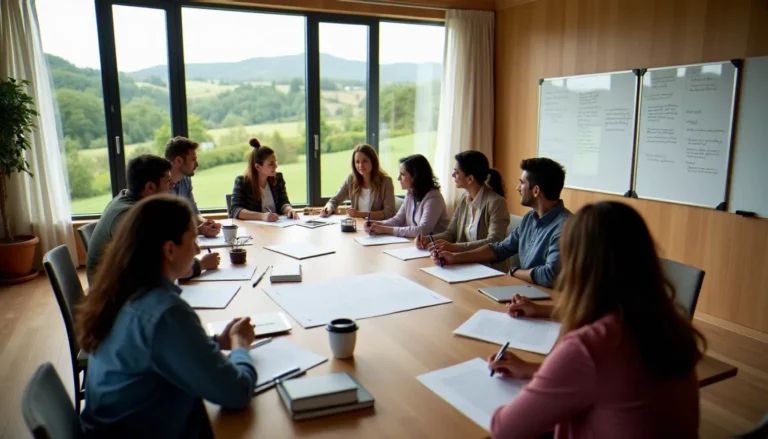 Groupe de professionnels en corporate retreat autour d'une table de travail dans une villa lumineuse avec vue sur la campagne française