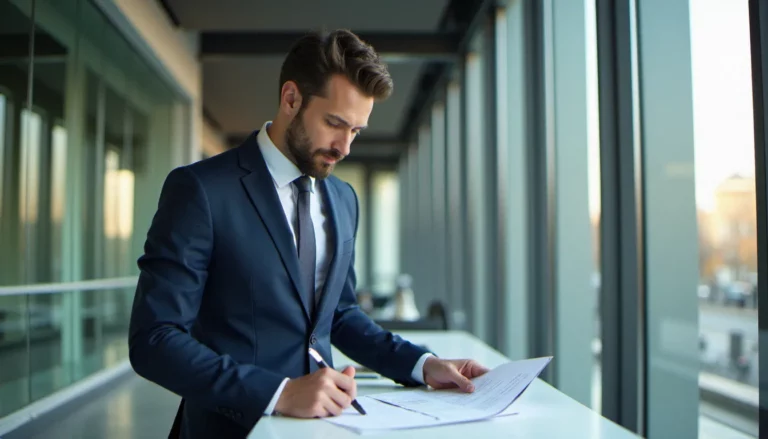 Consultant en stratégie corporate examinant un document de plateforme de marque dans un bureau moderne parisien, illustrant la démarche de corporate signification