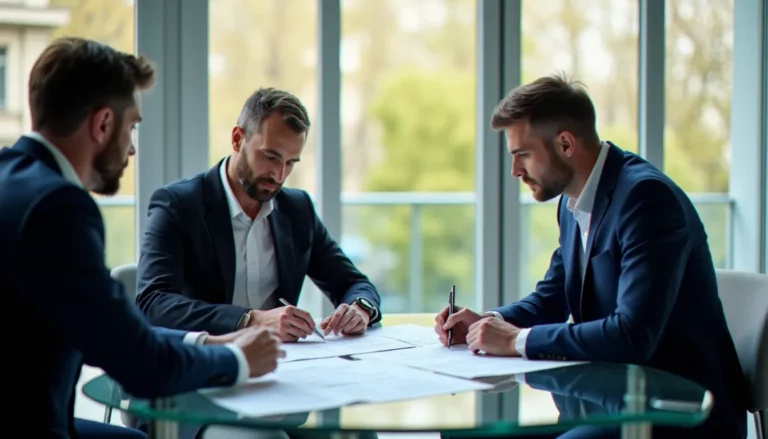 Équipe dirigeante en réunion autour de documents de corporate traduction dans un bureau parisien moderne