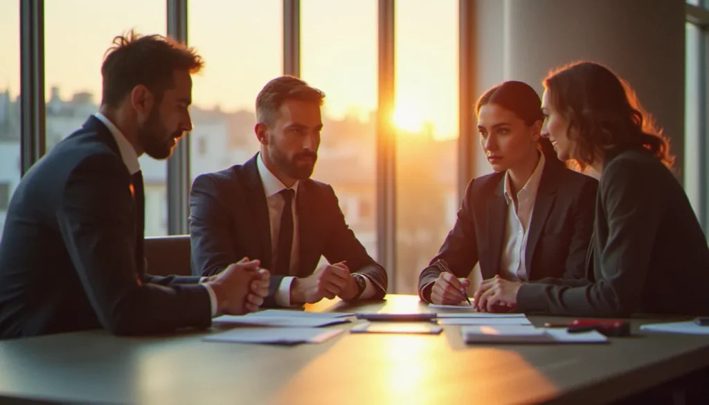 film sur le monde du travail featured 1 Trois professionnels en réunion stratégique dans un bureau parisien moderne, illustrant les dynamiques du monde du travail contemporain telles que représentées dans les films du genre