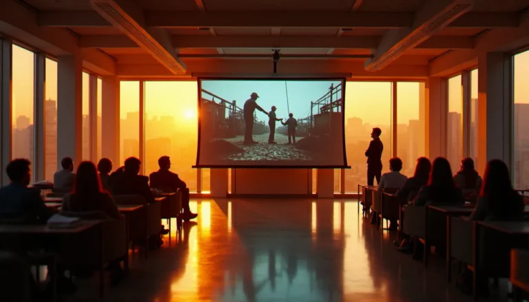 Groupe de collaborateurs en entreprise regardant ensemble un film sur le monde du travail projeté sur grand écran dans un open space moderne