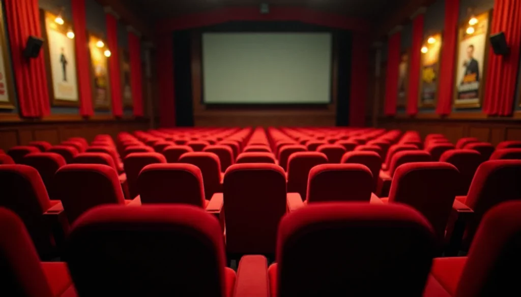 Salle de cinéma vide éclairée par la lumière du projecteur, évoquant l'atmosphère du cinéma en 2017