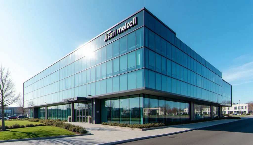 Siège social d'une entreprise européenne de dispositifs médicaux de type Biotronik Corporate Services SE, immeuble moderne en verre sous ciel bleu