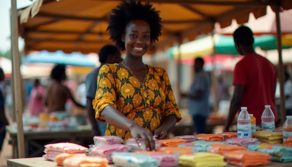 business avec 10000 fcfa featured Jeune femme entrepreneurе africaine organisant des produits sur son étal de marché, illustrant un business avec 10000 FCFA lancé en milieu urbain