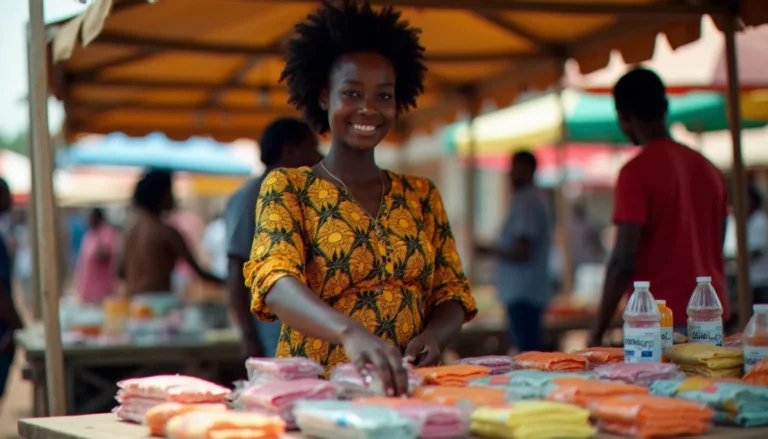 Jeune femme entrepreneurе africaine organisant des produits sur son étal de marché, illustrant un business avec 10000 FCFA lancé en milieu urbain