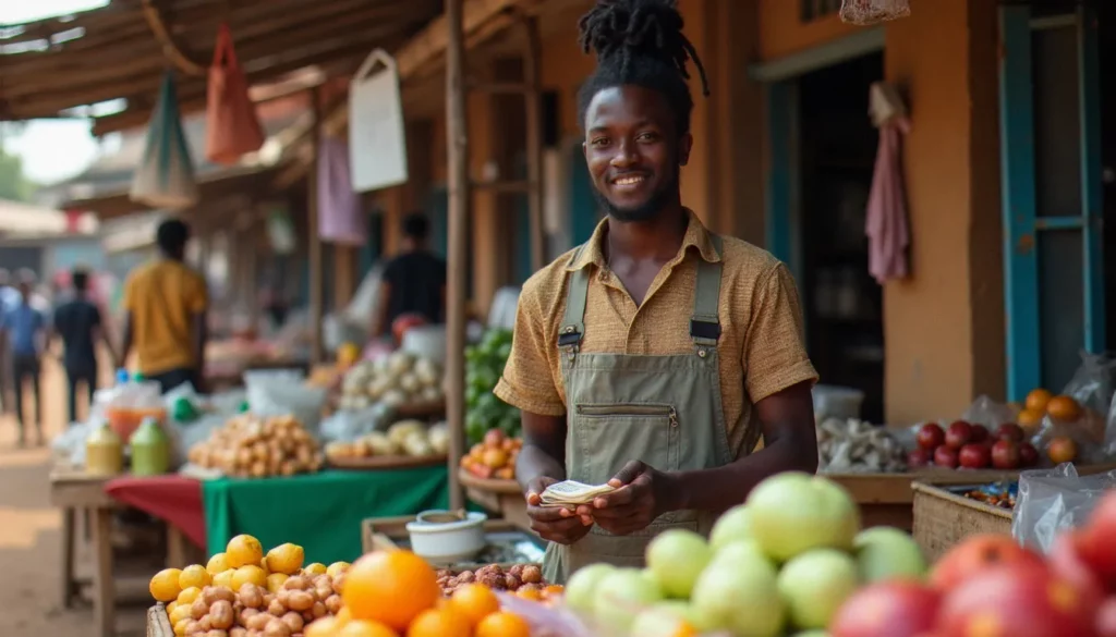 business avec 100000 fcfa featured 1 Jeune entrepreneur africain gérant son commerce de détail sur un marché urbain, illustrant le lancement d'un business avec 100.000 FCFA