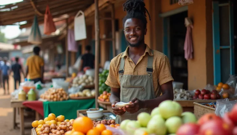 Jeune entrepreneur africain gérant son commerce de détail sur un marché urbain, illustrant le lancement d'un business avec 100.000 FCFA