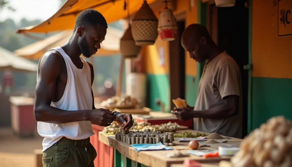 business avec 50000 fcfa featured Un jeune entrepreneur africain comptant des billets de FCFA devant son étal de marché, illustration d'un business avec 50000 FCFA