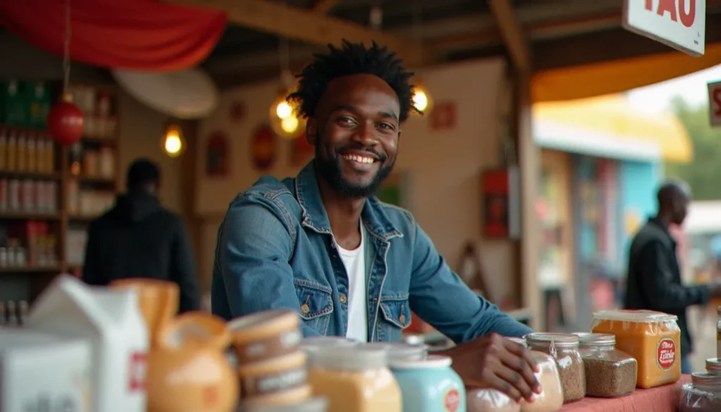 business avec 500000 fcfa featured Entrepreneur africain présentant son étal de commerce dans un marché urbain, illustrant un business avec 500 000 FCFA lancé avec succès