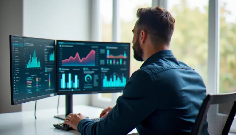 Consultant en business avec l'IA analysant des tableaux de bord sur ordinateur dans un bureau moderne parisien
