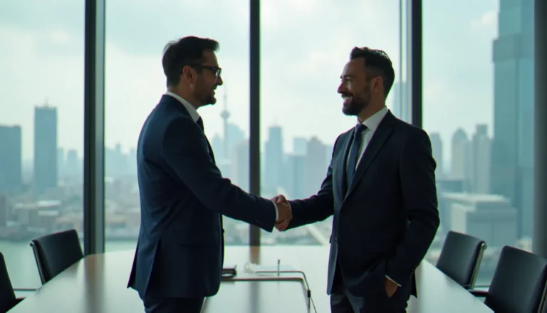 Poignée de main entre un dirigeant français et un partenaire chinois lors d'une réunion d'affaires à Shanghai, illustrant le business avec la Chine