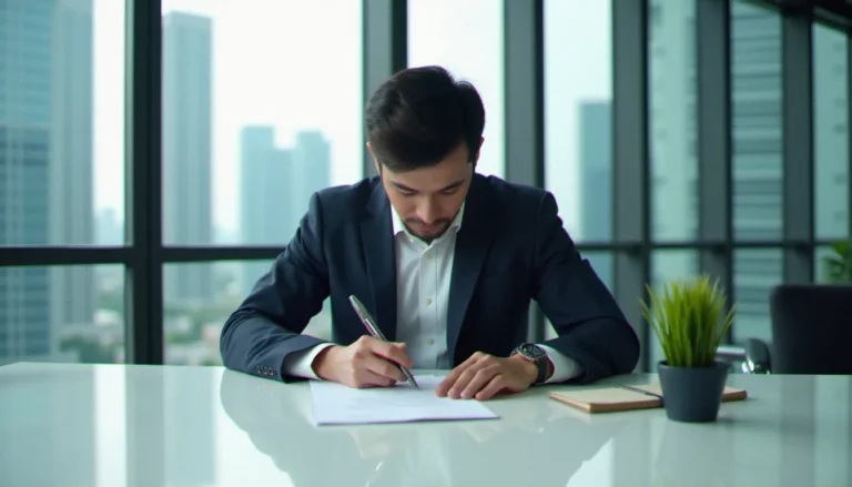 Entrepreneur malaisien signant les documents de constitution d'un business efficace Sdn Bhd dans un bureau moderne de Kuala Lumpur