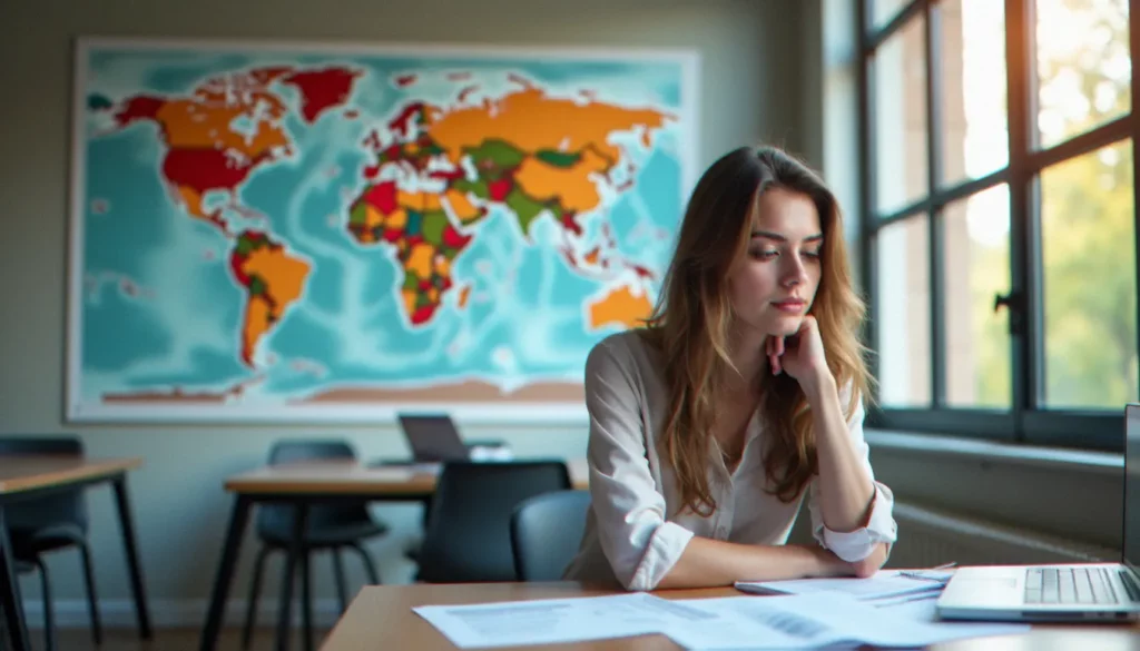 Jeune professionnelle en stage dans un bureau moderne à Paris, travaillant sur des documents de commerce international dans le cadre d'un business France stage