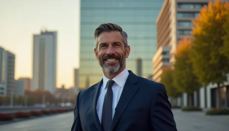 Un consultant professionnel en costume devant des immeubles de bureaux à Paris, illustrant les offres business France vie