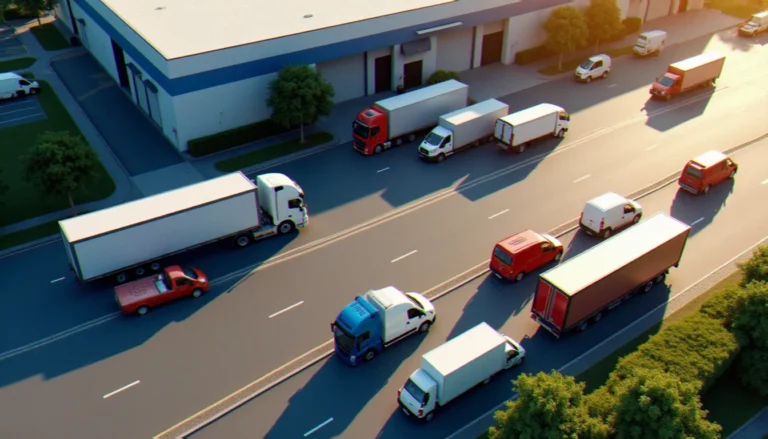 Vue aérienne d'entrepôts logistiques avec camions de transport alignés, illustrant le company guide Motor Town et la gestion d'une flotte de véhicules