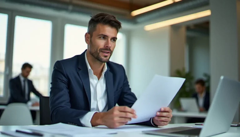 Professionnel en entreprise relisant un corp bio imprimé dans un bureau moderne parisien baigné de lumière naturelle