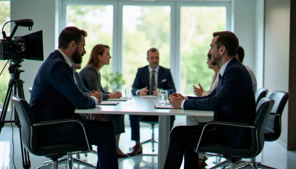 Équipe de production vidéo installant un dispositif d'interview corporate dans une salle de réunion moderne pour un film corporate d'entreprise