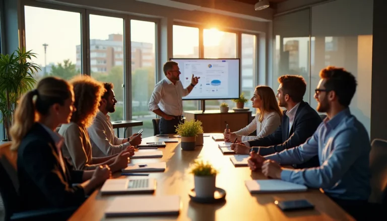 Équipe professionnelle en réunion dans un bureau corporate moderne baigné de lumière naturelle, illustrant la démarche corporate biolife en entreprise