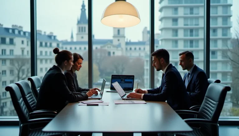 Réunion corporate dans une salle de conférence moderne à Paris, illustrant le conseil en banque corporate BNP et la relation banque-entreprise