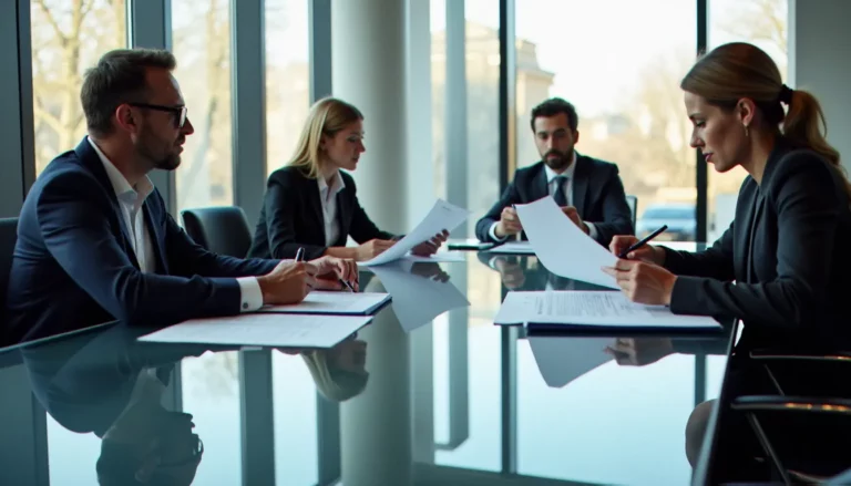 Réunion de dirigeants autour d'une table de conférence moderne pour définir la stratégie corporate def de leur organisation