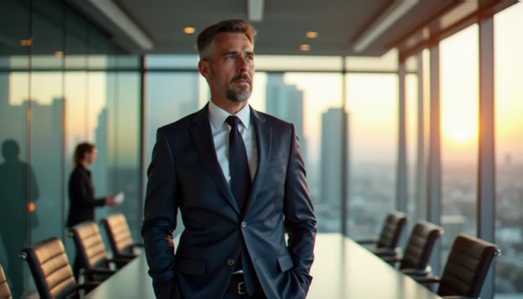 corporate featured Dirigeant en costume sombre dans une salle de conseil vitrée avec vue sur une skyline urbaine, illustrant la dimension corporate et institutionnelle d'une entreprise
