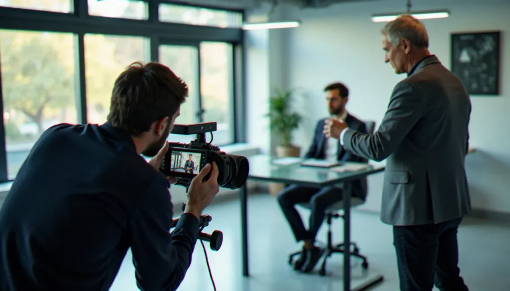 corporate film featured Équipe de tournage réalisant un corporate film dans un espace de travail moderne et lumineux