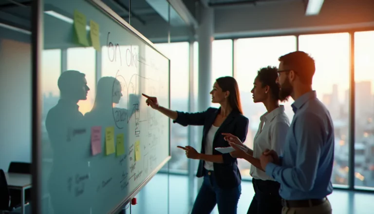 Équipe de professionnels en discussion collaborative autour d'un tableau blanc dans un bureau moderne, illustrant la construction d'une corporate sanskriti
