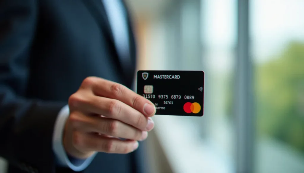 corporatecards bnpparibas featured Main d'un cadre tenant une carte corporate professionnelle dans un environnement de bureau moderne, illustrant l'usage des corporate cards BNP Paribas en entreprise