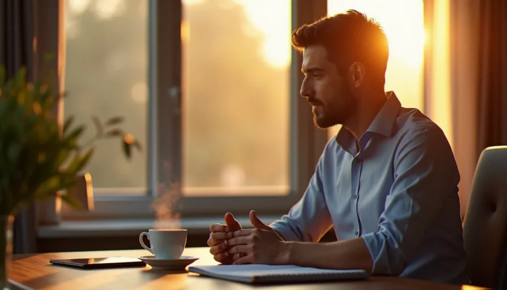 Professionnel travaillant de bon matin dans un bureau lumineux au lever du soleil, carnet ouvert et café chaud sur le bureau