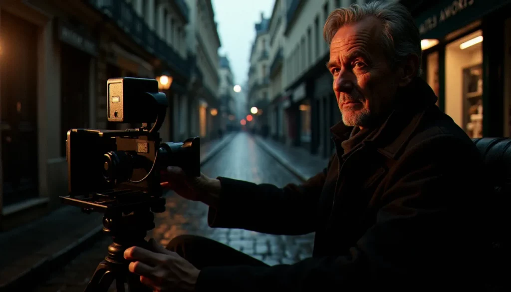 Réalisateur de film dramatique français derrière une caméra sur un plateau cinématographique parisien avec éclairage dramatique latéral