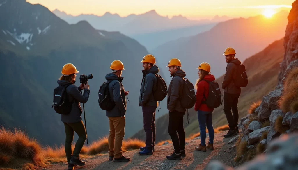 Groupe de photographes en tenue de sécurité lors d'une prise de vue collective en montagne, illustrant les enjeux d'une group dangerous photo