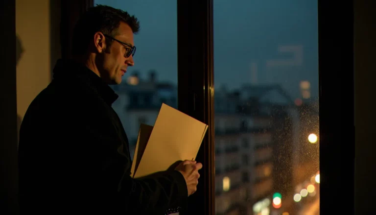Détective dans un appartement parisien sombre la nuit, incarnant l'atmosphère du thriller (film) français