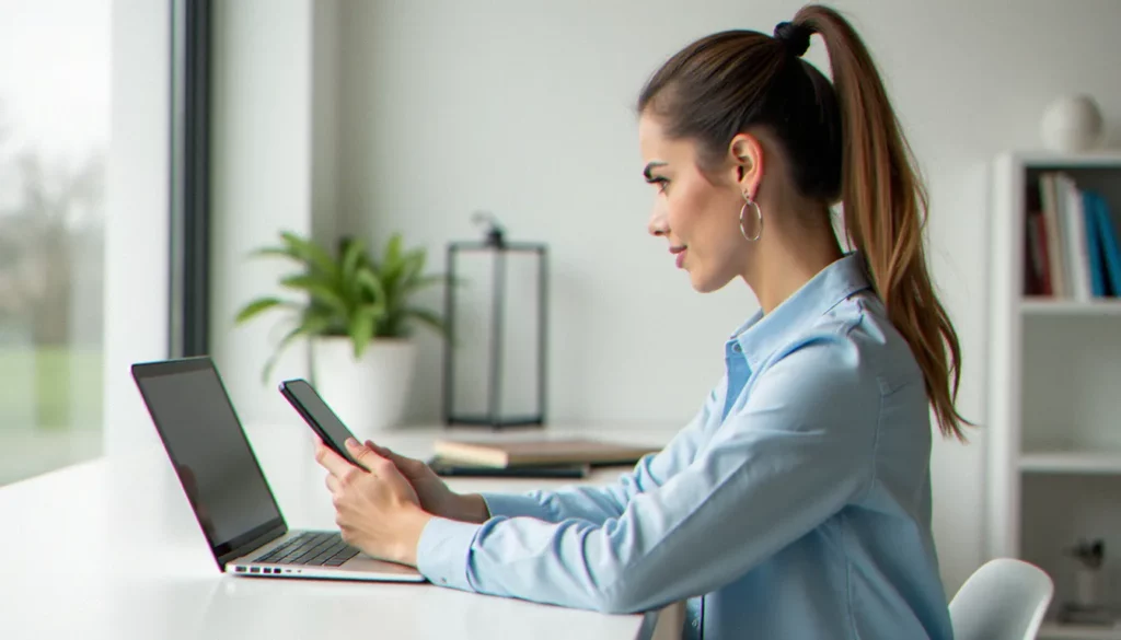 Une professionnelle consultant et optimisant sa bio Instagram business sur son smartphone dans un bureau moderne