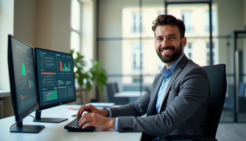 Un consultant business travaillant sur des tableaux de bord IA dans un bureau moderne parisien, illustrant le business avec IA au quotidien