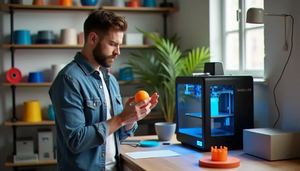 Entrepreneur examinant une pièce imprimée en 3D dans un atelier moderne, illustrant un business avec imprimante 3D en activité