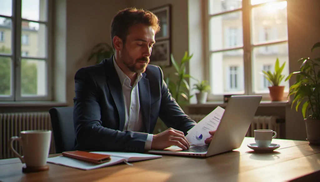 Un entrepreneur français consulte ses chiffres d'affaires dans son bureau parisien, illustrant le quotidien du business France Vie