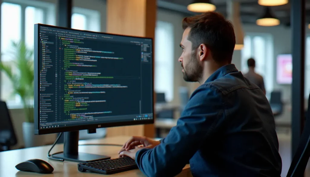 Développeur utilisant le group comment VSCode sur un grand écran avec des blocs de code commentés mis en surbrillance