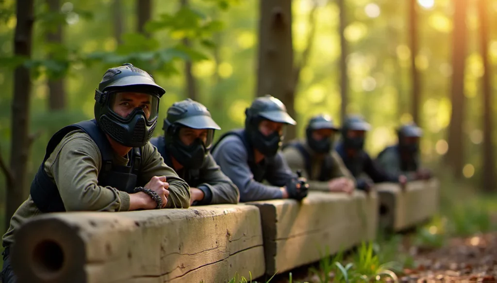 Groupe de participants en équipement de protection complet lors d'une session de group danger zone sur terrain de paintball en forêt