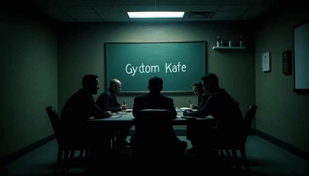 Réunion clandestine de groupe dans une salle sombre, illustrant le concept de group dangerous name et les organisations à risque