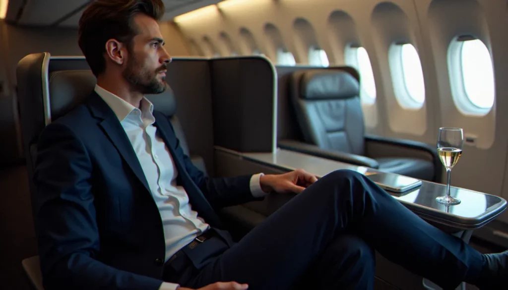 Voyageur d'affaires installé dans un siège business avion inclinable à plat, éclairage tamisé de cabine longue distance