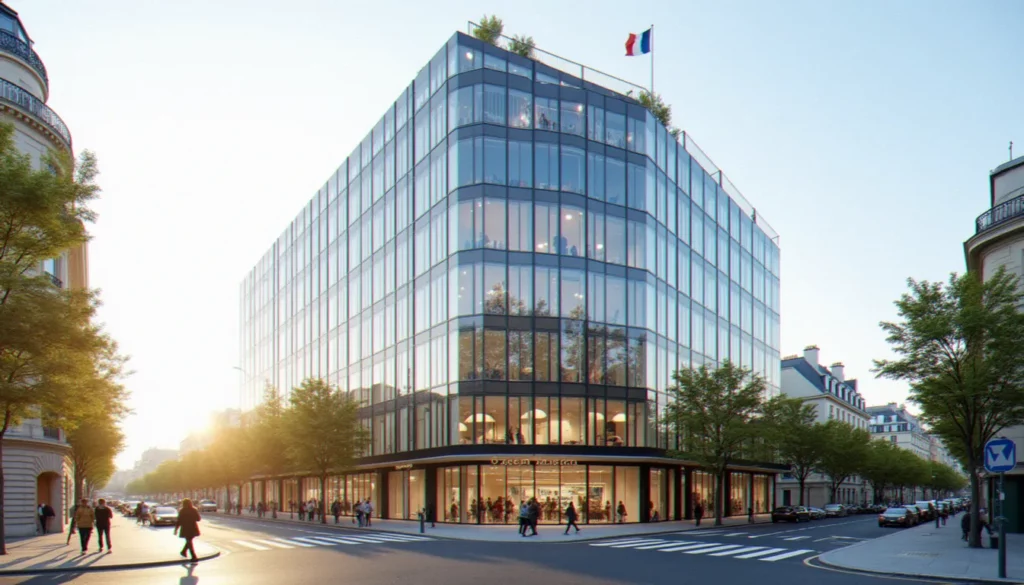 Façade du siège de Business France Contact situé avenue du Président Wilson à Paris, sous un ciel dégagé, avec drapeau français en façade